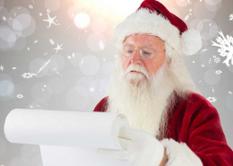 Santa Claus reading a list on a scroll. The background is grey with snowflakes.